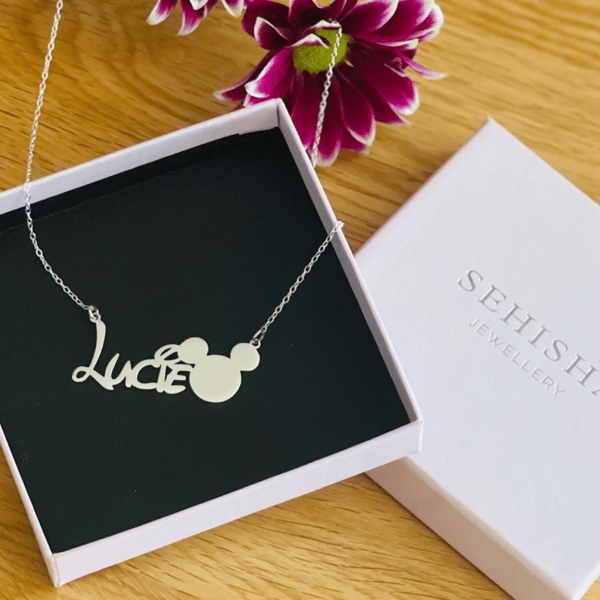 Personalised 925 Sterling Silver Name Necklace with Disney Font And Mickey Mouse