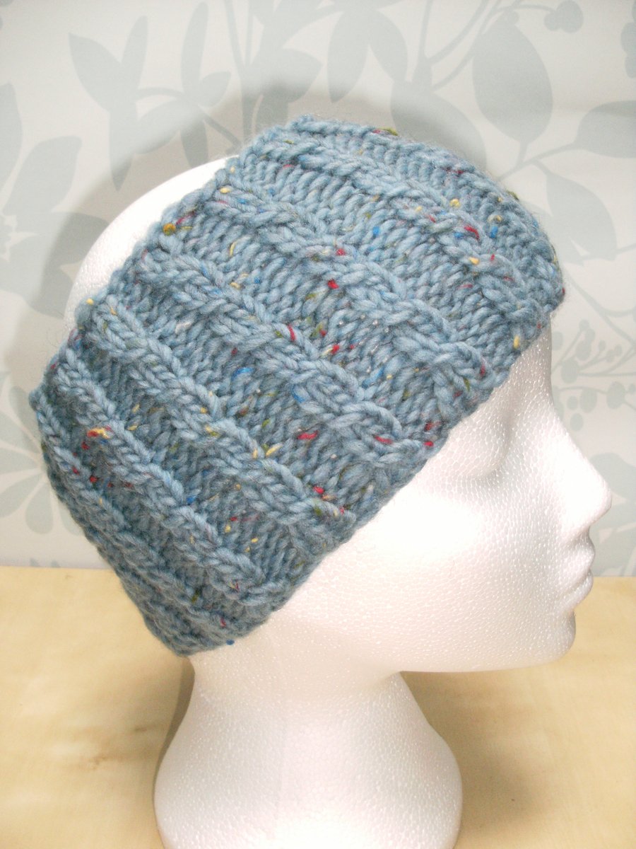 Hand Knitted Cable Merino Headband in Powder Blue M