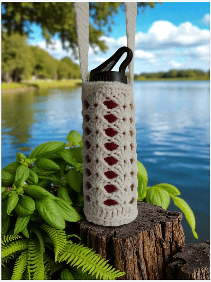Hand Crochet Water Bottle Holder Crossbody Water Bottle Carrier - Cream Ivory