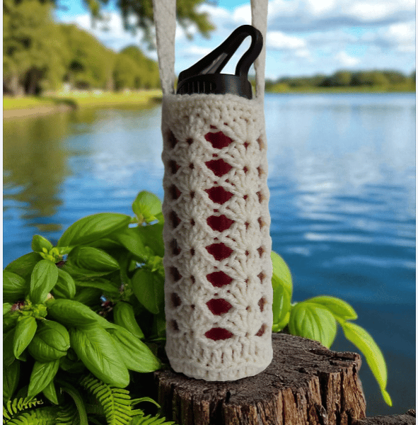 Hand Crochet Water Bottle Holder Crossbody Water Bottle Carrier - Cream Ivory
