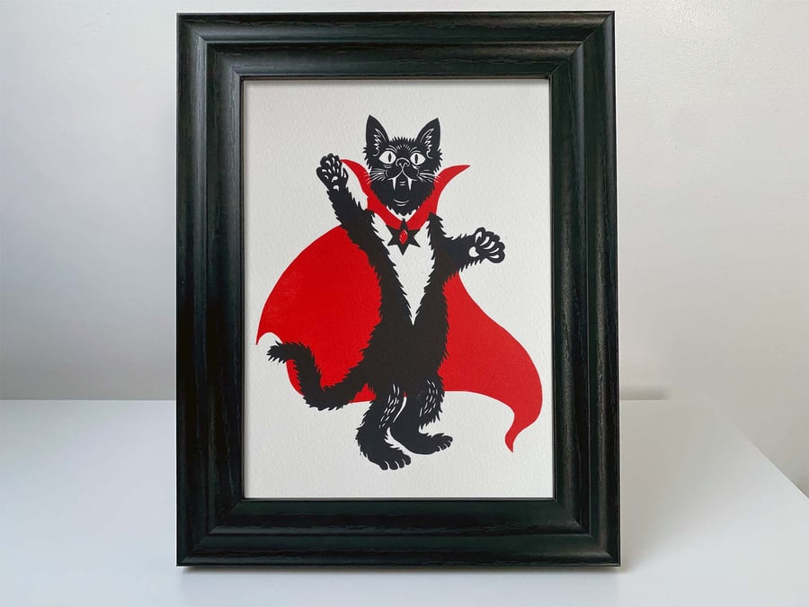 Nospurratu Returns! Linocut Vampire Cat Wall Art. 