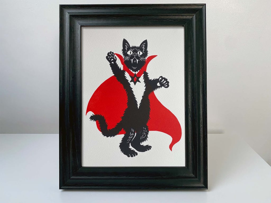 Nospurratu Returns! Linocut Vampire Cat Wall Art. 