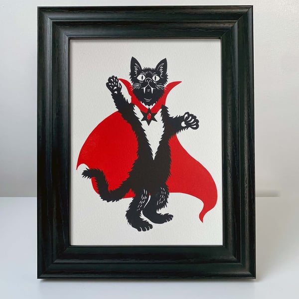 Nospurratu Returns! Linocut Vampire Cat Wall Art. 