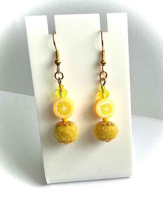 Yellow Fruit and Needlefelt Beaded Earrings