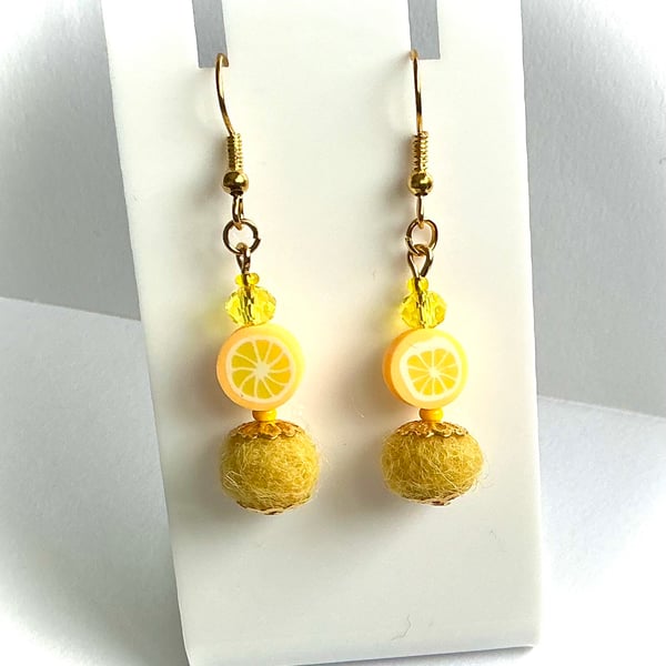Yellow Fruit and Needlefelt Beaded Earrings