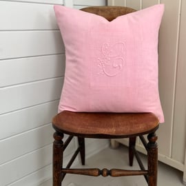 Pink vintage French linen monogram cushion ‘C’, decorative pillow