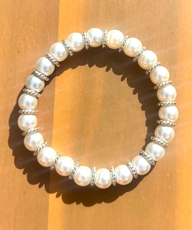 Handmade Pearl-Coloured Beaded Bracelet with Silver-Tone Detailing