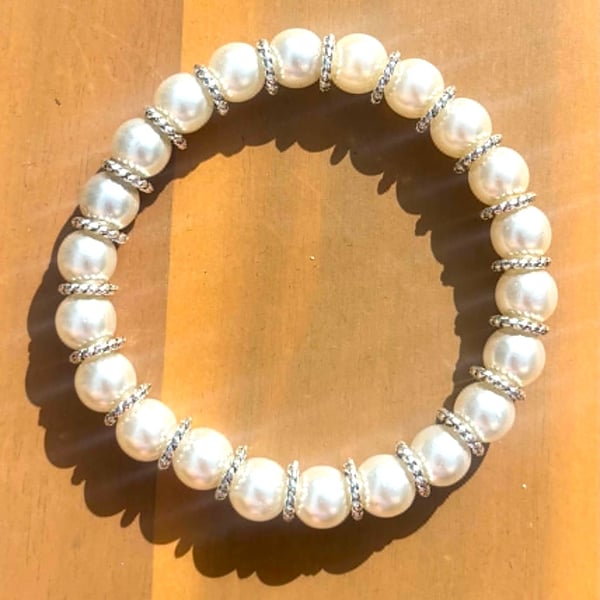 Handmade Pearl-Coloured Beaded Bracelet with Silver-Tone Detailing
