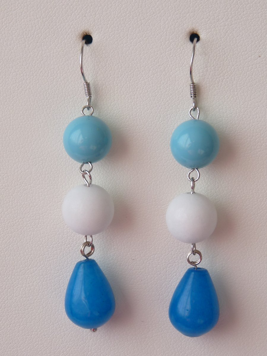 Swiss Blue Jade & Shell Pearl Earrings - Sterling Silver - Handmade 