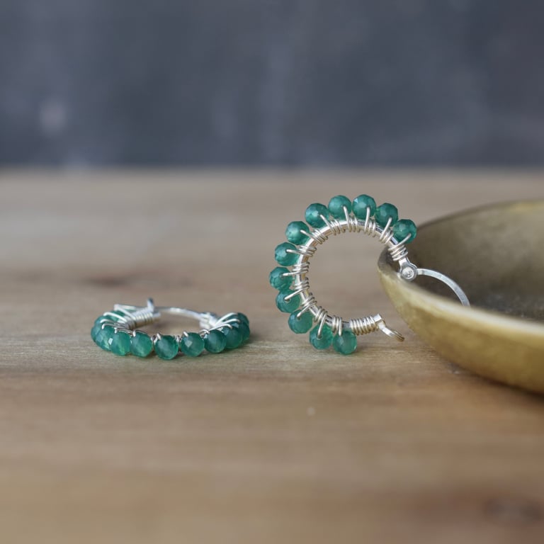 Green Onyx Gemstone Hoop Earrings - Handmade Silver Jewellery 