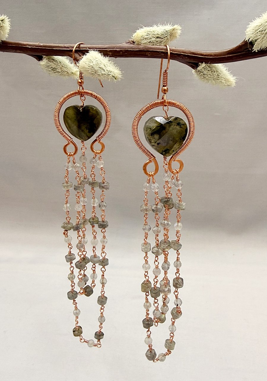Labradorite Heart & Copper Cascade Earrings