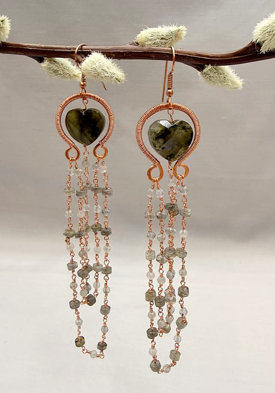 Labradorite Heart & Copper Cascade Earrings