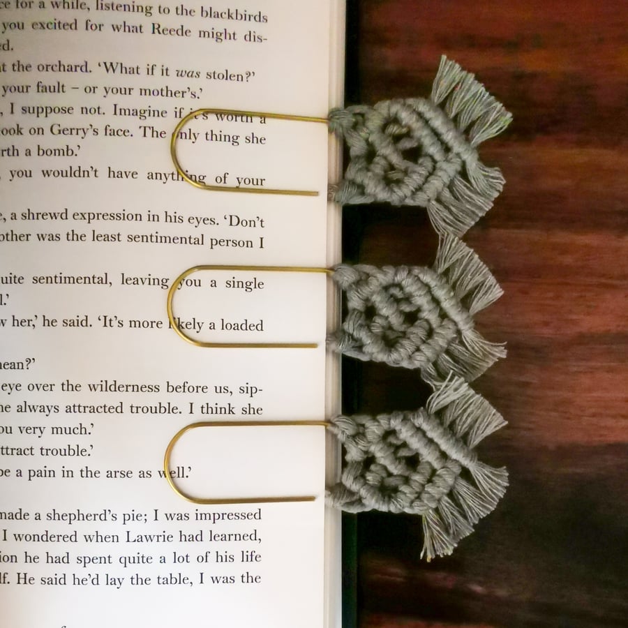 Handmade macrame mini paperclip bookmarks,set of 3 journal tags, moss green