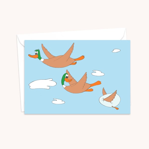 Flying Ducks Greeting Card: Hand Drawn Cartoon Artwork for Any Occasion (201)