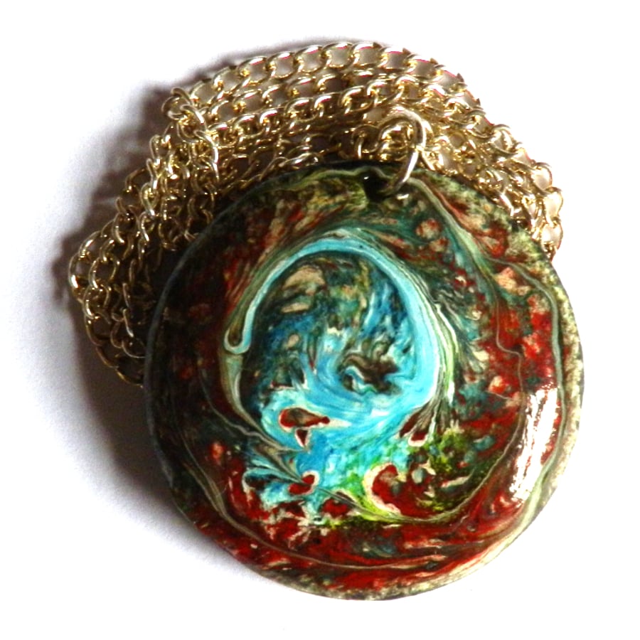 pendant - round, scrolled bright blue over red-brown