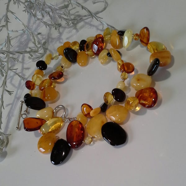 Genuine Pebble Baltic Amber Necklace Sterling Silver