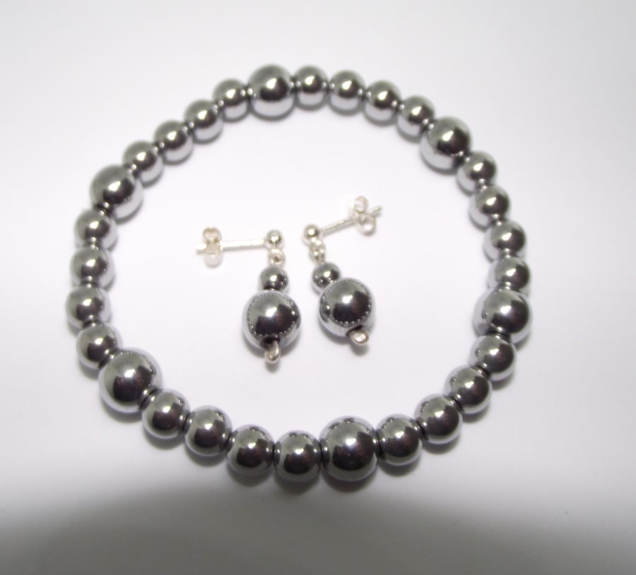 Silver Haematite earrings and stretchy bracelet set