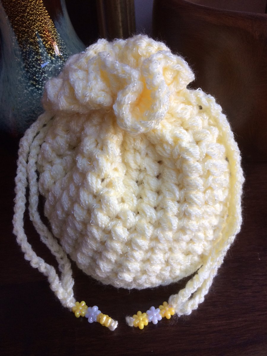 Luxury Hand Crochet Lemon Yellow Sparkly Drawstring Bag Handbag Pouch Purse