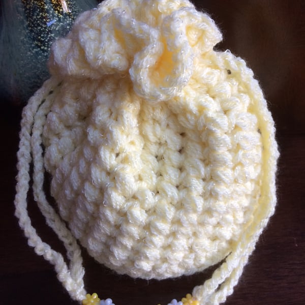 Luxury Hand Crochet Lemon Yellow Sparkly Drawstring Bag Handbag Pouch Purse