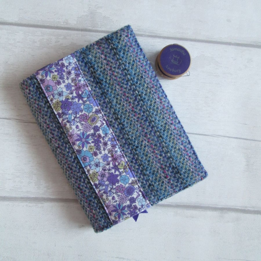 A6 'Harris Tweed®' Reusable Notebook Cover - Misty Blue & Lilac Floral