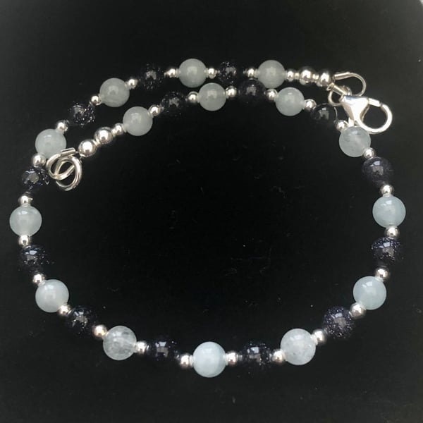 Blue goldstone, aquamarine & sterling silver bracelet