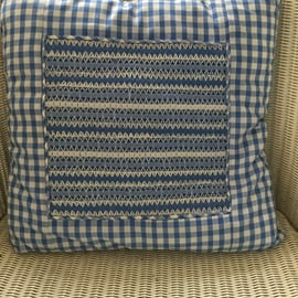 Hand Smocked Blue Gingham Cushion