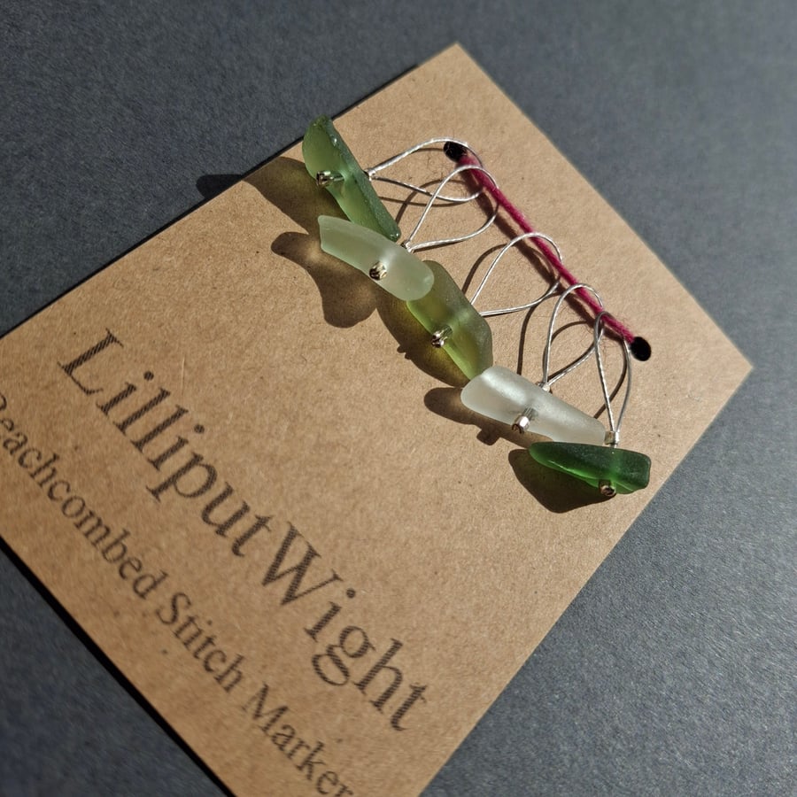 Five snag free sea glass stitch markers in green and frost