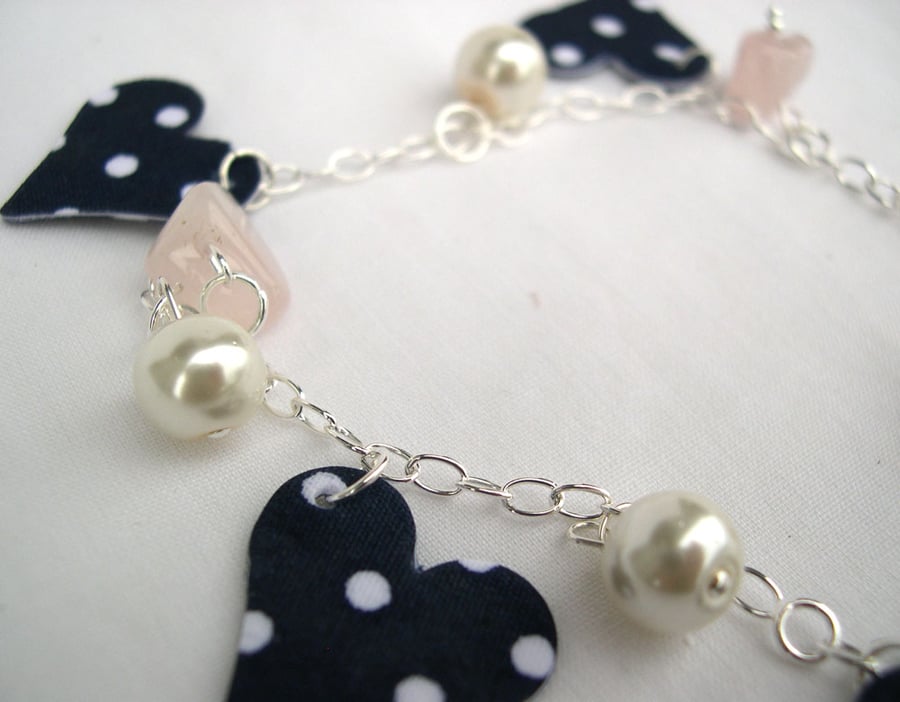 Sterling Silver Hardened Fabric Floral Ditsy Charm Bracelet with Natural Pearls