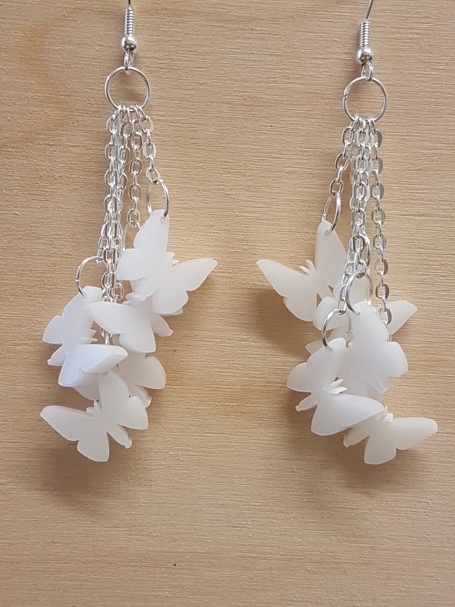 Dangly 5 Butterfly Earrings - White Acrylic