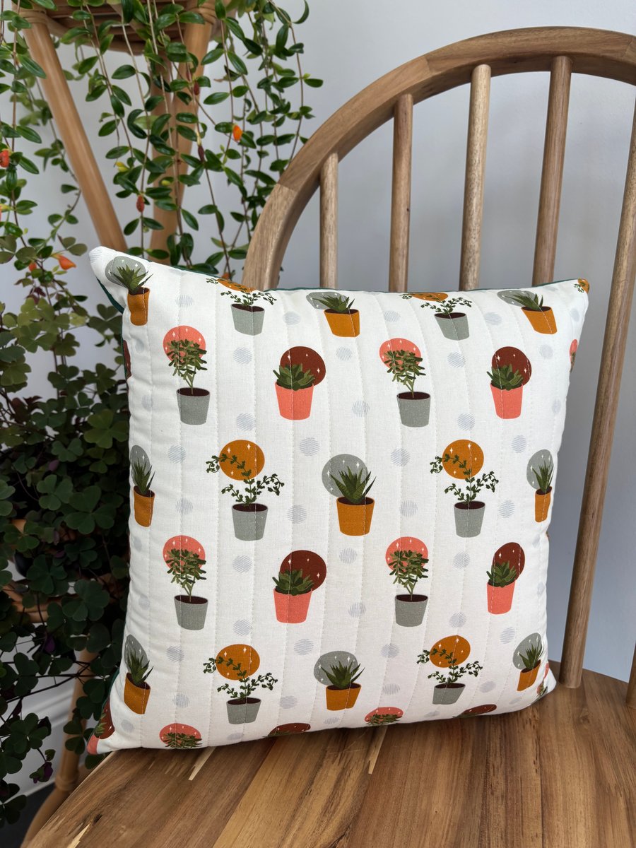 Quilted cushion cover in fun houseplant print, 36cm x 36cm 