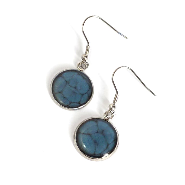 Deep blue enamel and resin dangle earrings, colourful summer earrings for women
