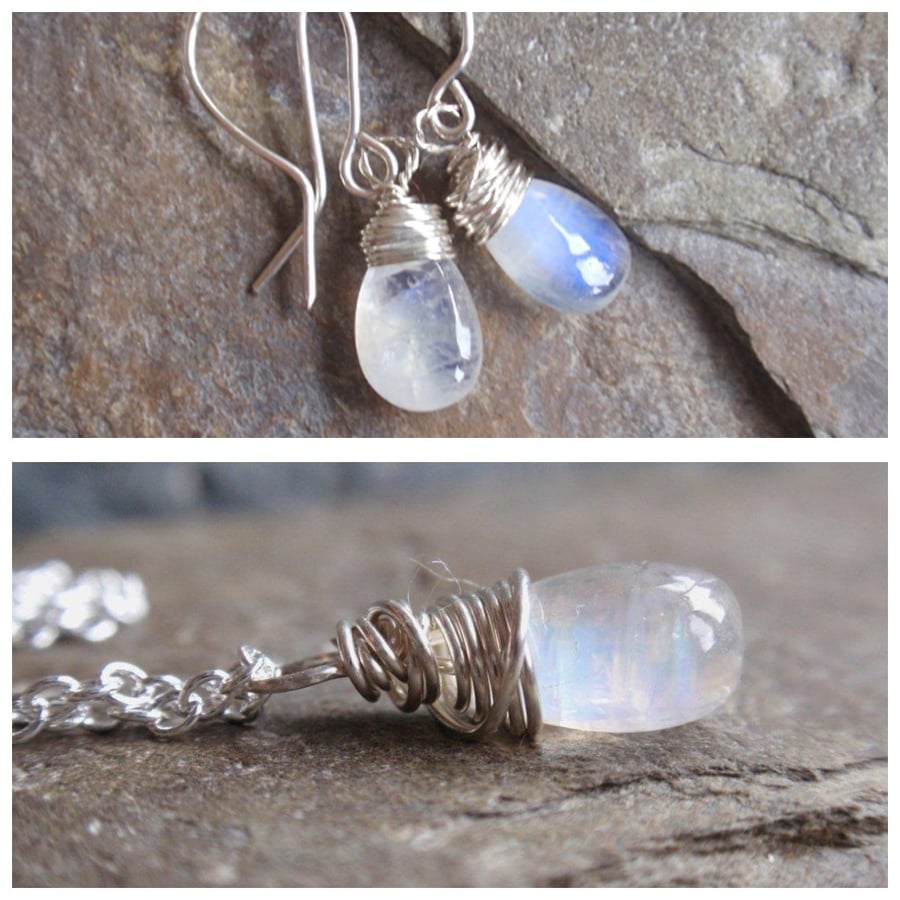 Sterling silver wire wrapped moonstone earrings and necklace jewellery set