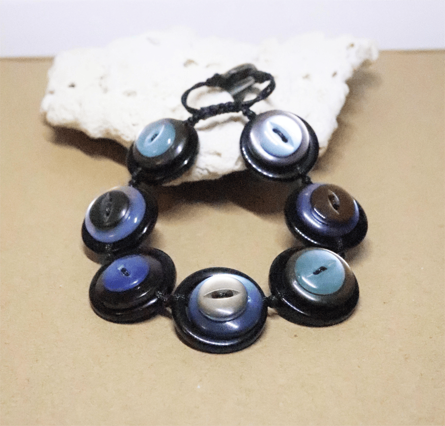 Shiny blue and brown color theme - Vintage Button Adjustable Bracelet