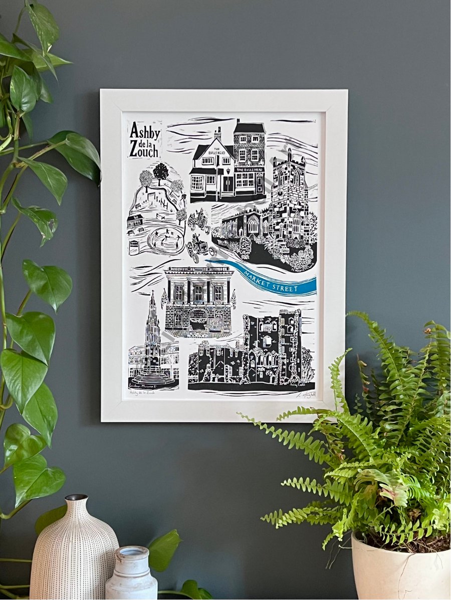 Ashby de la Zouch Original Linoprint in Black and Teal