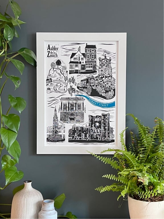Ashby de la Zouch Original Linoprint in Black and Teal
