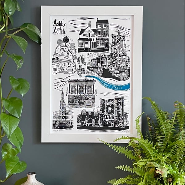 Ashby de la Zouch Original Linoprint in Black and Teal