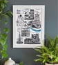 Ashby de la Zouch Original Linoprint in Black and Teal