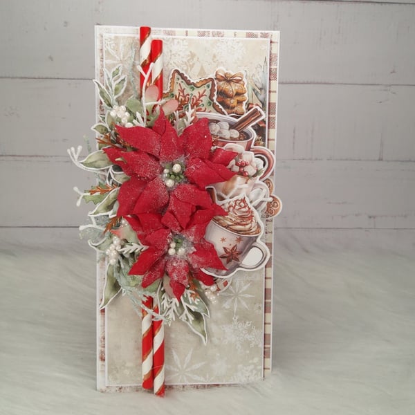 Luxury Handmade Christmas Card. Red Poinsettia, Hot Chocolate & Candy Canes.(19)