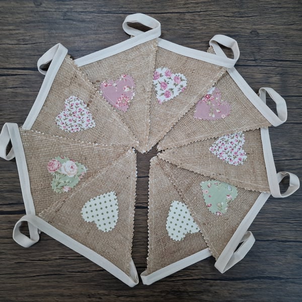 Hessian Hearts Handmade Fabric Bunting - Pastel Pinks & Greens