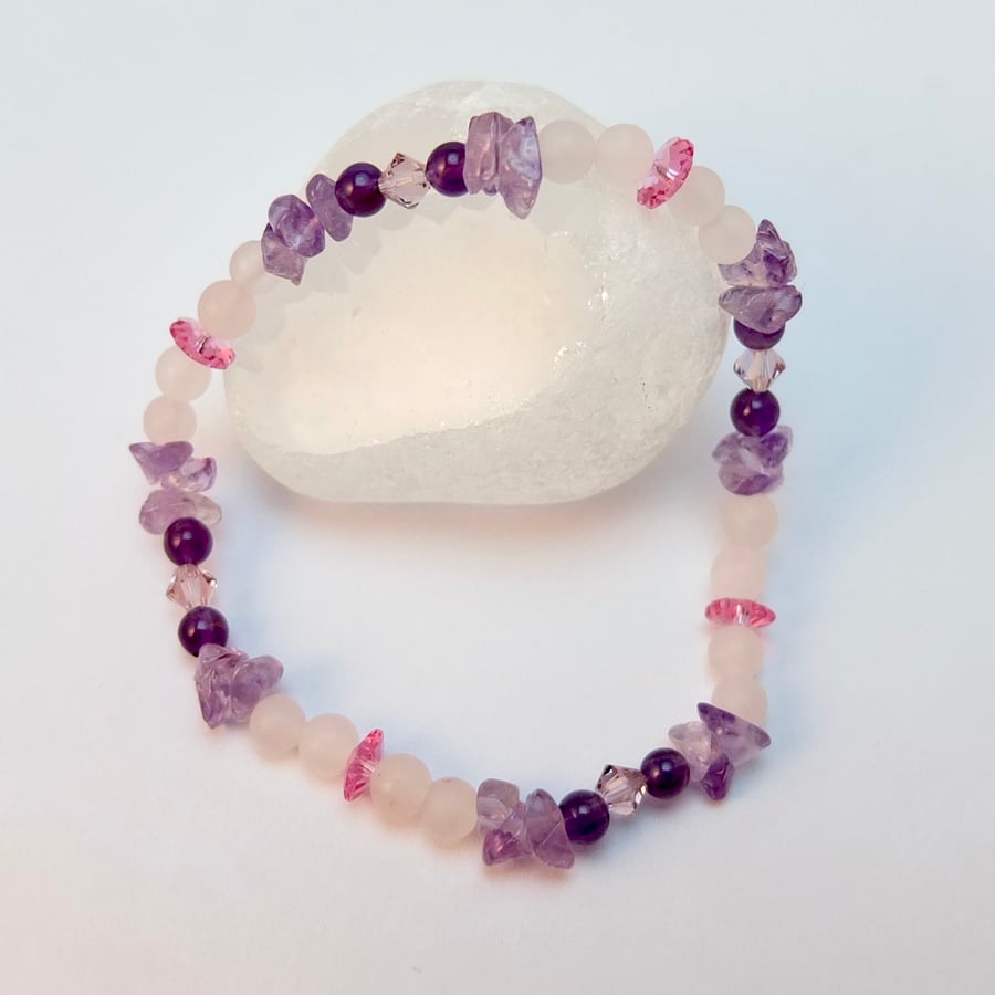 Amethyst, Rose Quartz & Swarovski Crystal Bracelet - Seconds Sunday