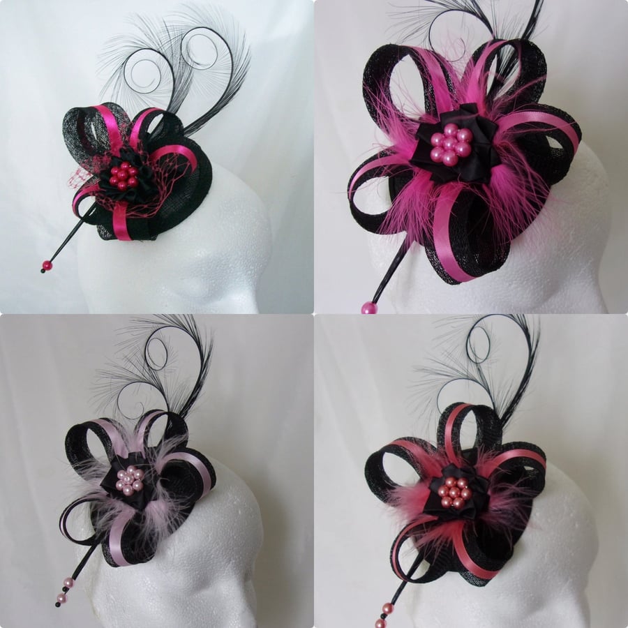 Black and Pink Coloured Sinamay Loop & Feather Wedding Fascinator Mini Hat
