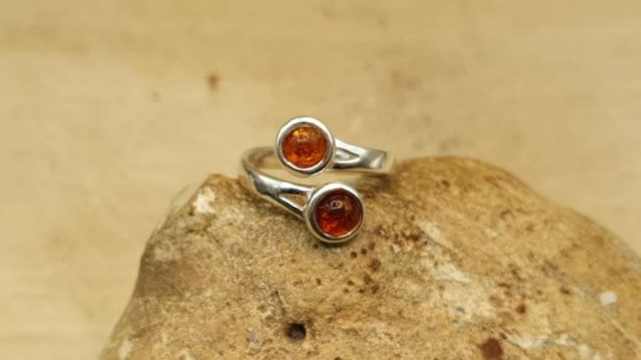 Two Stone Amber Ring. Adjustable 925 sterling silver rings for women