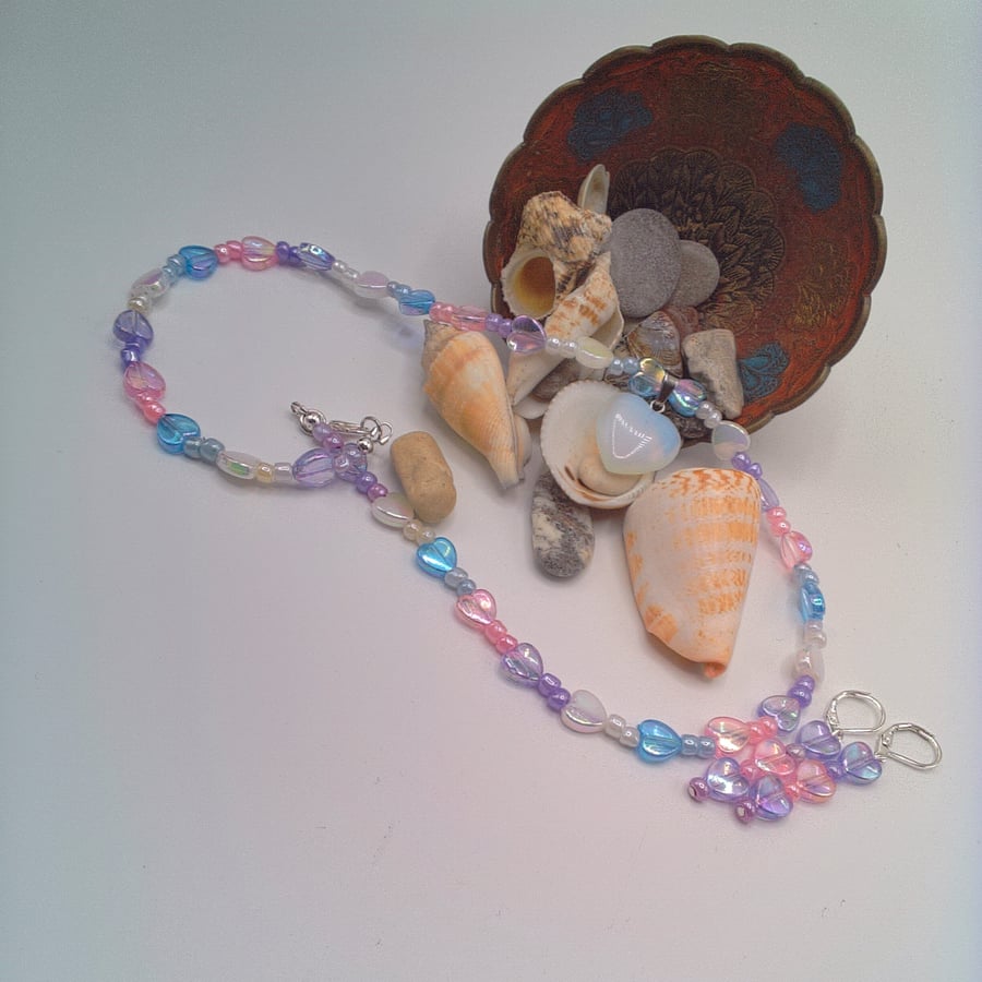 Iridescent Pink Blue White & Lilac Heart and Glass Bead Necklace & Earrings Set