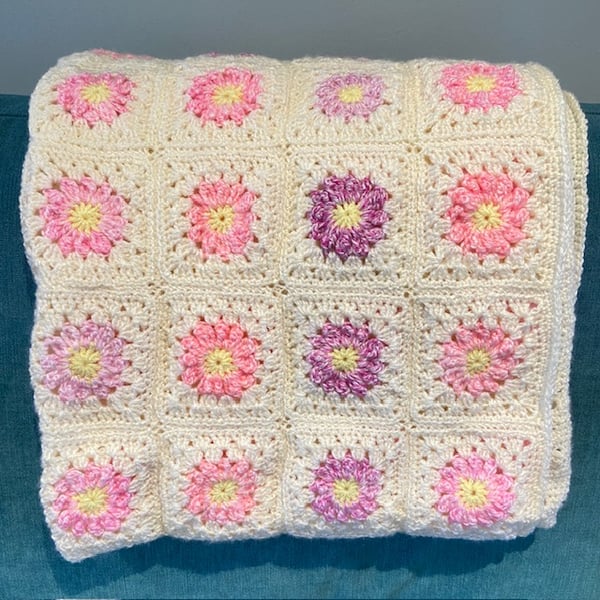 Crochet blanket in warm white, pink & lemon. Free delivery!