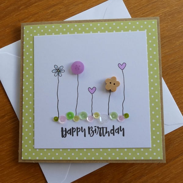 Birthday Card - Flowers, Hearts and Sequins - Kraft - Pink and Green