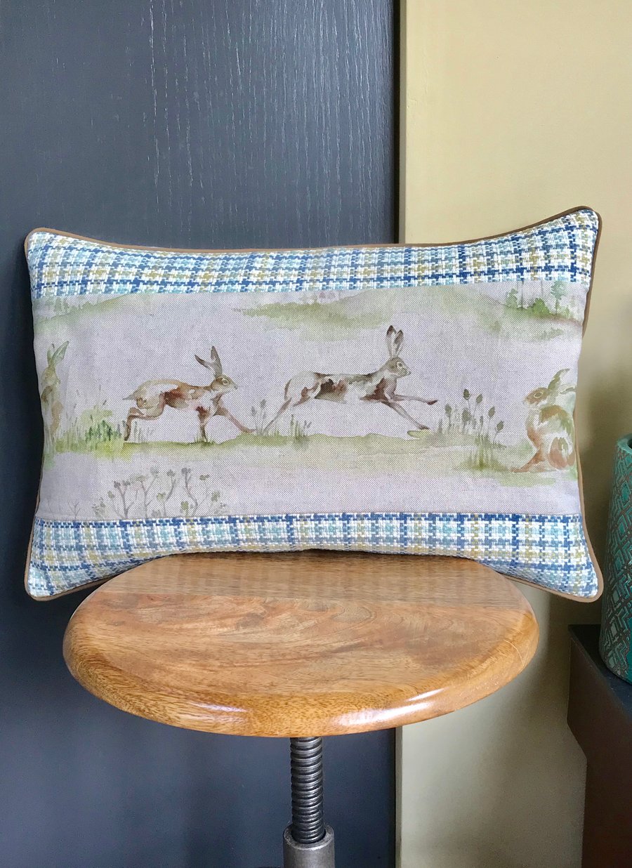 Hare cushion cover, Linen and dogtooth Bolster cushion, Nursery Decor.
