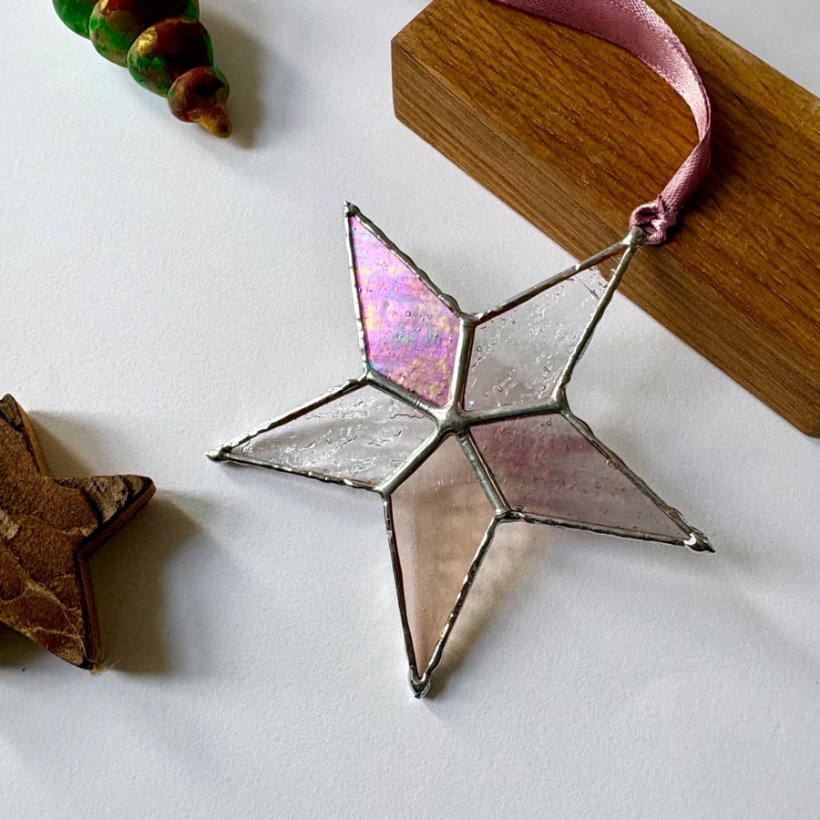 Blush pink iridescent stained glass star decoration, Christmas decoration