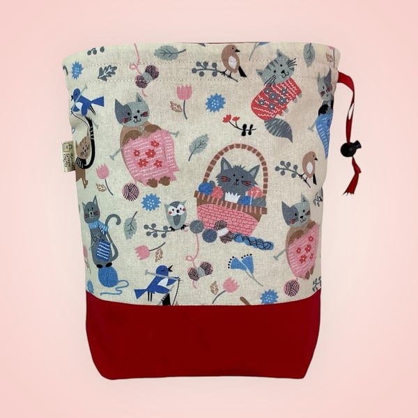 two at a time knitting bag with cats, sock sack, drawstring divided pouch, 