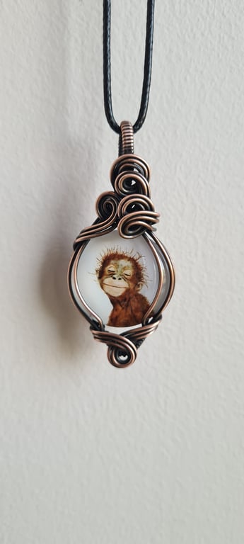 Chimp Monkey Animal Glass & Copper Pendant Necklace Gift Jewellery Jewelry 