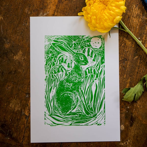 Spring Green Hare With Bluebells - Linocut Print